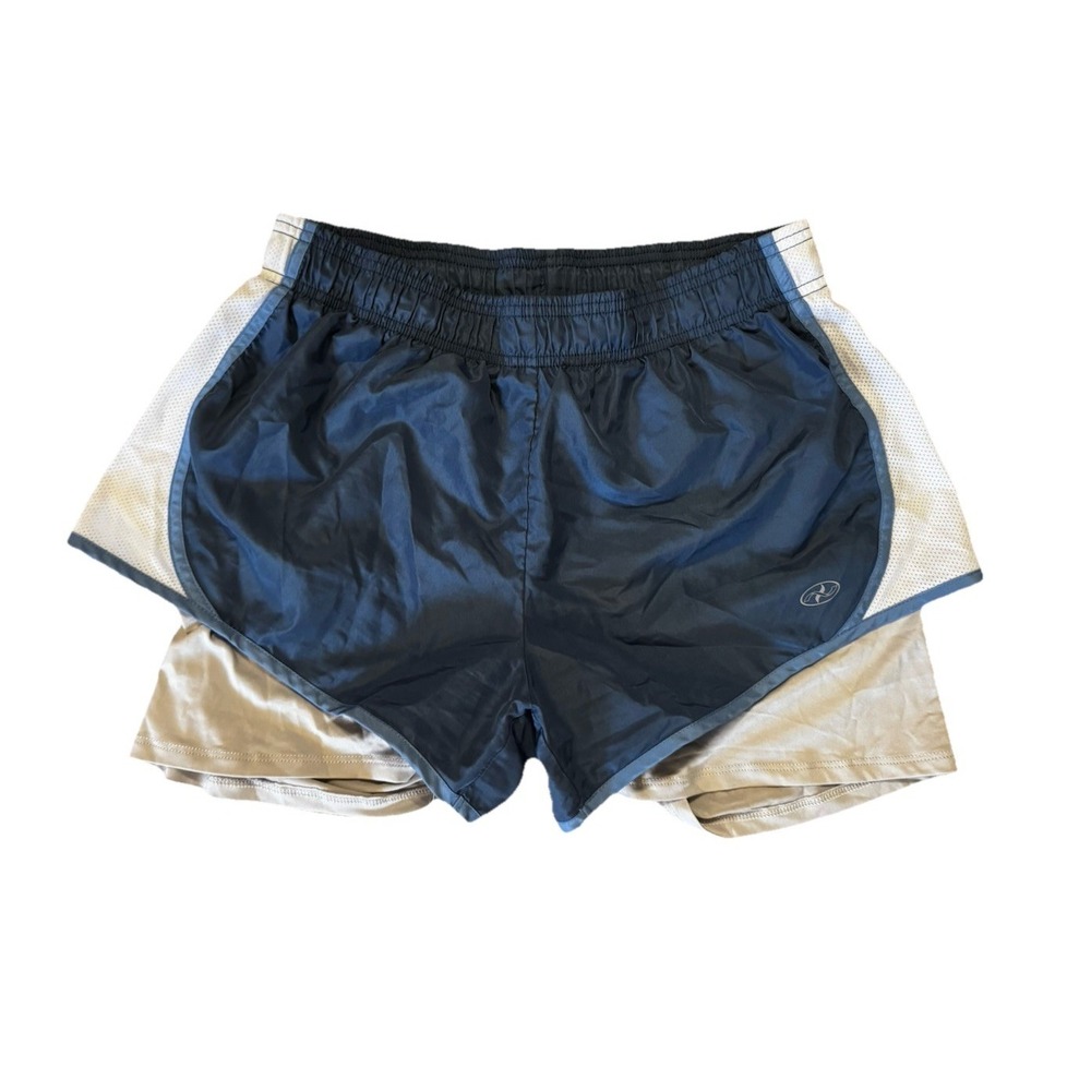 N.Y.L. Sport Women's M Running Shorts 2-in-1 Compression Lined‎ Blue White Gym